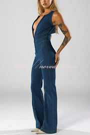 Fashionable Heart Hollow Back Slim High Waist Flared Denim Jumpsuit