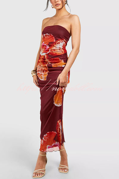 Oh So Sunny Mesh Floral Print Bandeau Stretch Maxi Dress