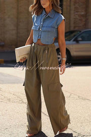 Great Week Pleated Elastic Waist Zipper Pocket Wide Leg Cargo Pants