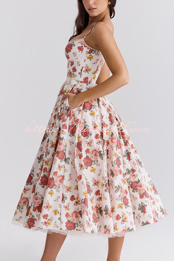 Fairy Tale Gorgeous Italian Rose Print Tulle Pocketed Slip Midi Dress