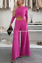 Solid Color Round Neck Long Sleeve Twist Crop Top and Elastic Waist Pocket Wide Leg Pants Set