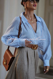 All Round Comfort Linen Blend V-neck Balloon Sleeve Loose Blouse