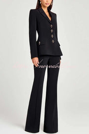 Women Power Metal Cross Snap Button Long Sleeve Lapel Blazer