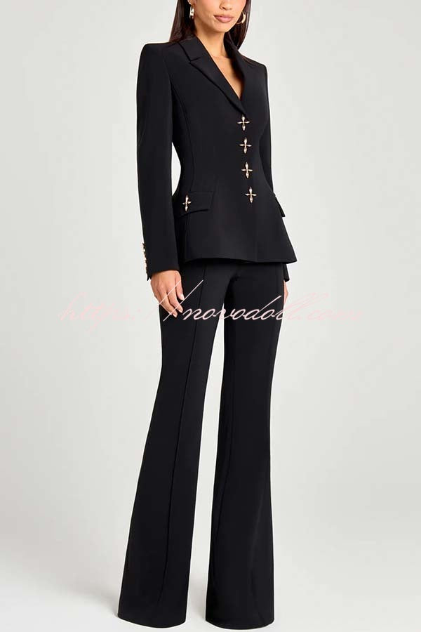 Women Power Metal Cross Snap Button Long Sleeve Lapel Blazer