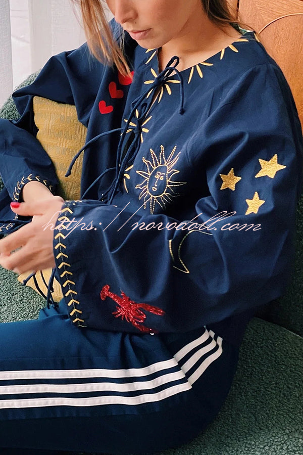 Fashionable Embroidered Lace-up Long-sleeved Loose Top