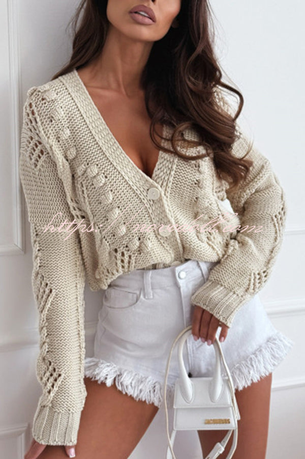 Fashion Hollow Long Sleeve V-neck Button Loose Knitted Cardigan
