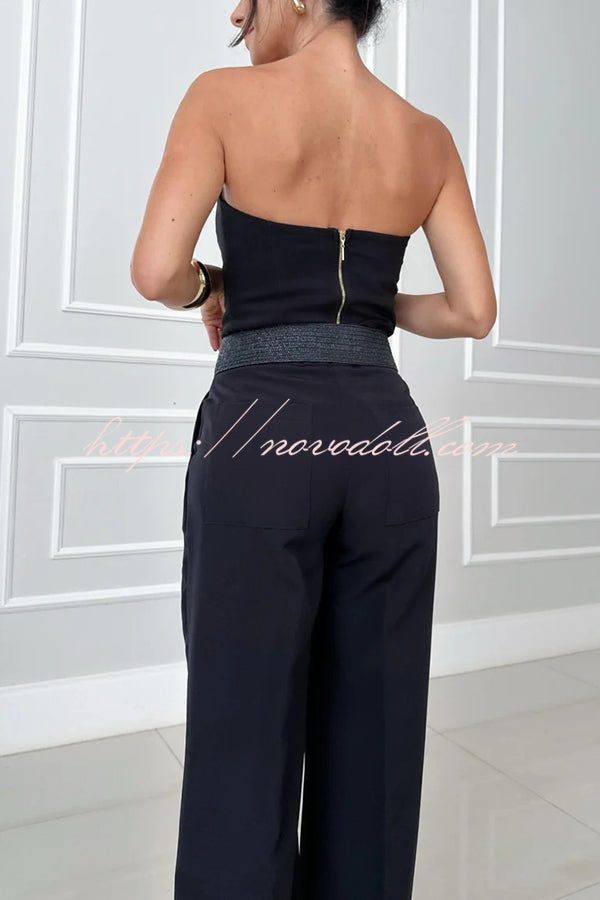 Elegant Bandeau Back Zip Cropped Top and High Waist Pocket Wide Leg Pants Set