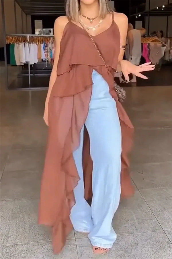 Solid Color V-neck Ruffled Irregular Loose Top