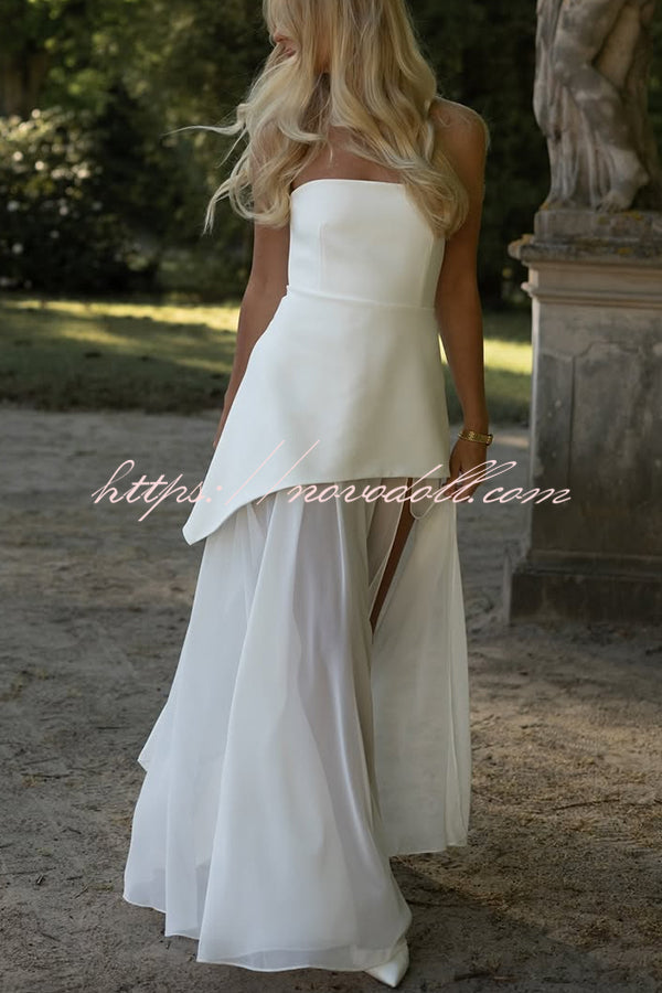 Monaco Off Shoulder Structured Top Chiffon Slit Hem Scarf Maxi Dress