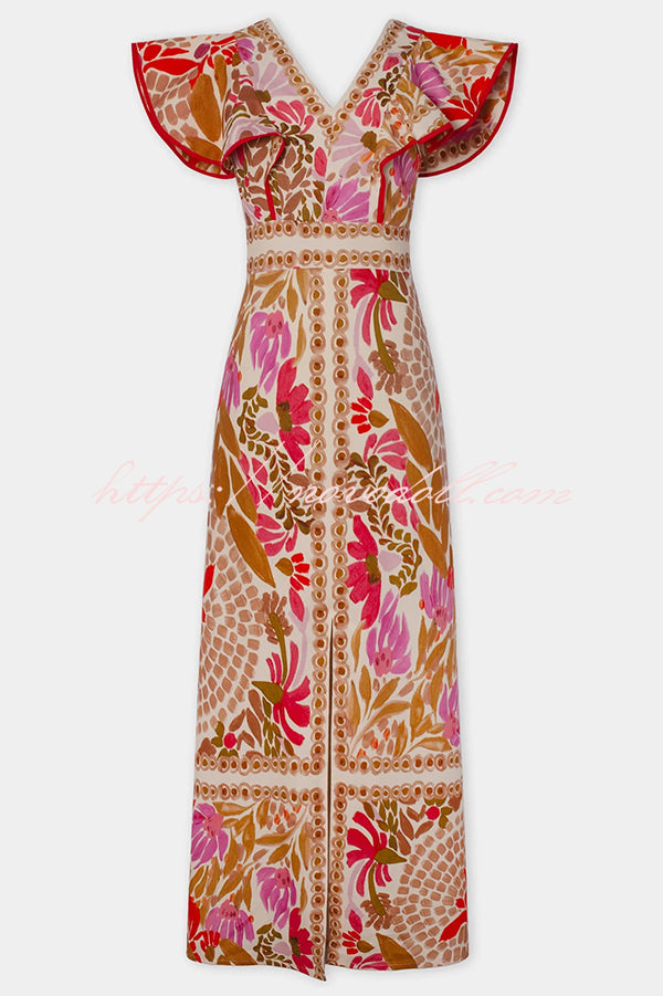 Unique Printed V-neck Open Back Ruffled Sleeves Slit Maxi Dress