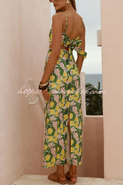Linen Blend Summer Fruit Print Camisole Top and Elegant Lace Back Slit Maxi Skirt Set