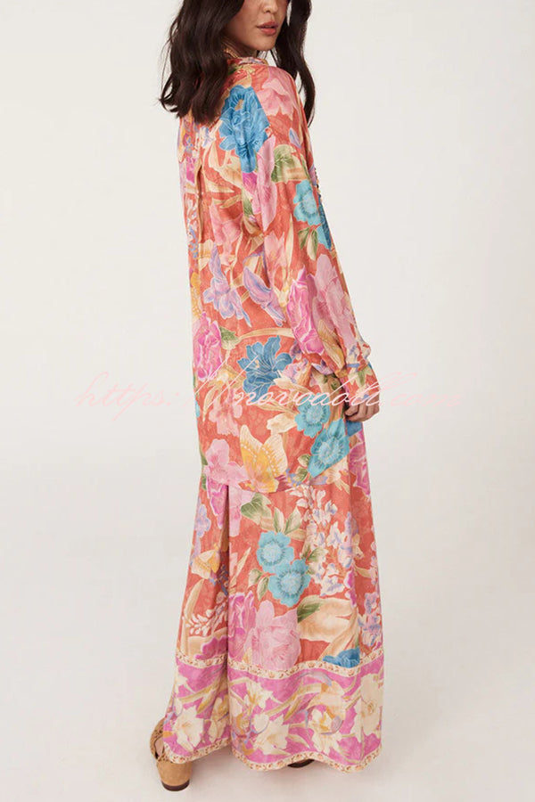 Painter's Garden Boho Floral Print  Elastic Waist Pocketed Wide Leg Pants