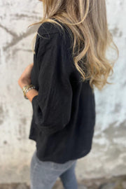 Linen Blend Solid Color Loose V-neck Button-down Casual Top