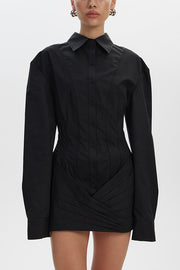 Fashion Long-sleeved Elegant Pleated Slim-fit Mini Dress