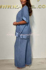 Fashionable V-neck Short-sleeved Loose Top and Elastic Waist Casual Wide-leg Pants Set