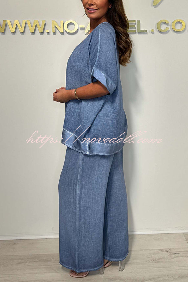 Fashionable V-neck Short-sleeved Loose Top and Elastic Waist Casual Wide-leg Pants Set