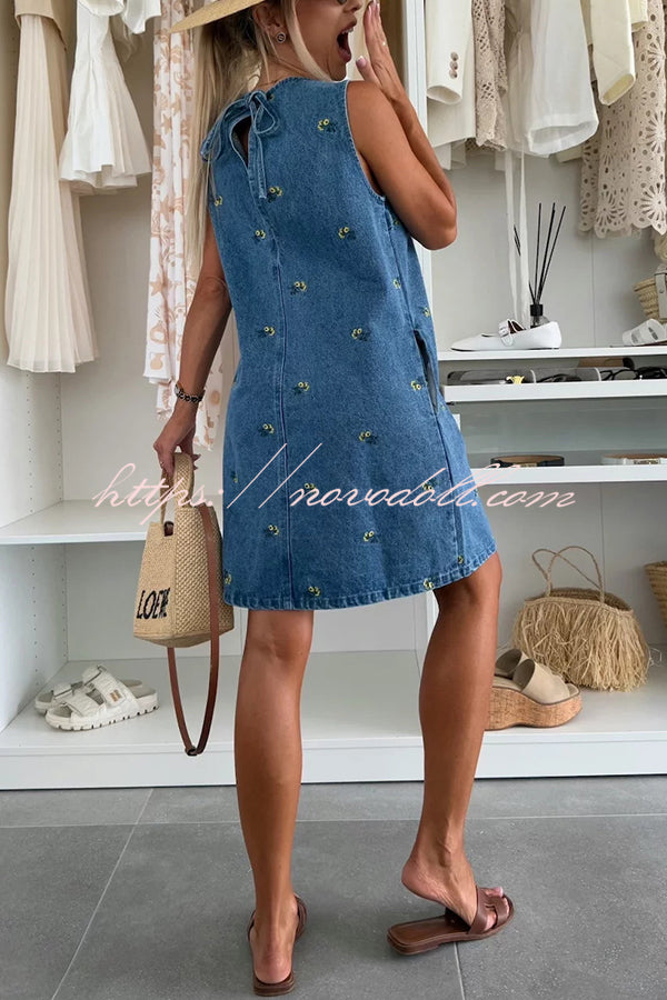 Floral Print Round Neck Sleeveless Loose Denim Mini Dress