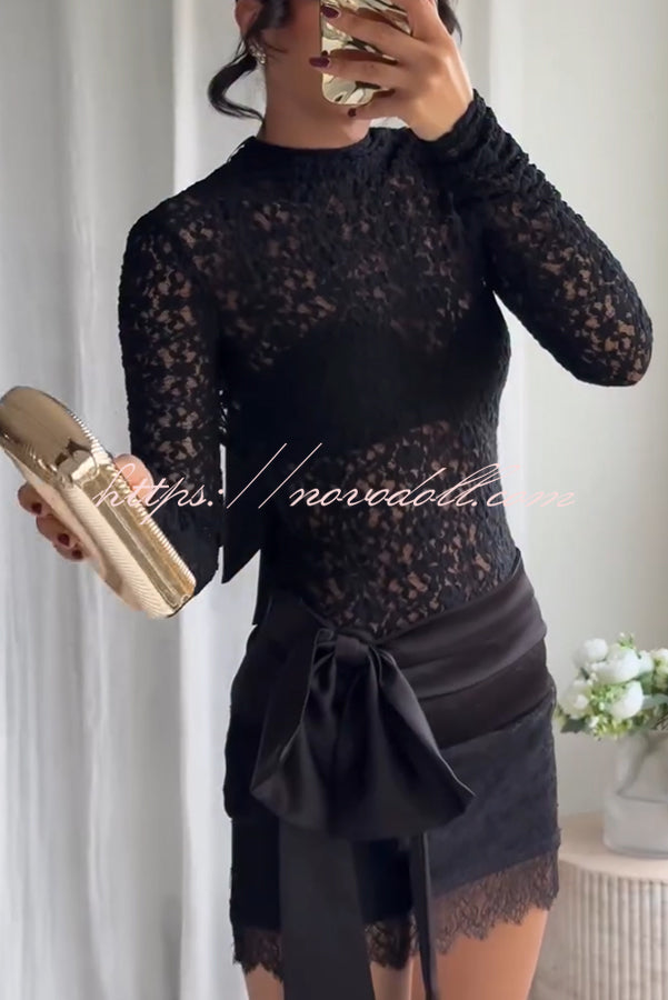 Anna Semi-sheer Lace Long Sleeve Back Bow Tie-up Cutout Stretch Bodysuit
