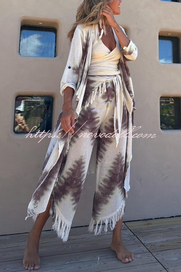 Kailani Linen Blend Tie-dye Print Irregular Hem Duster Kimono