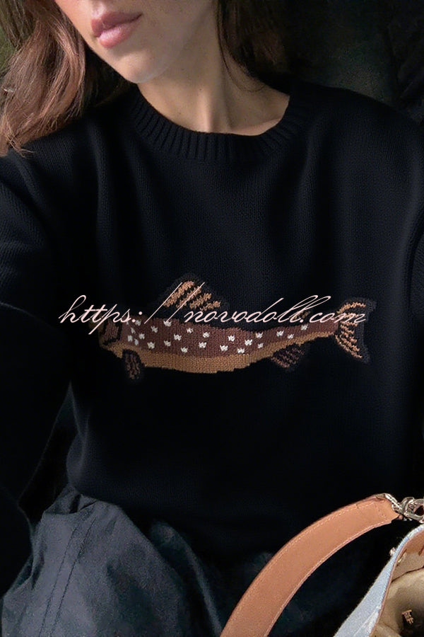 Fashionable Fish Pattern Round Neck Loose Knitted Sweater