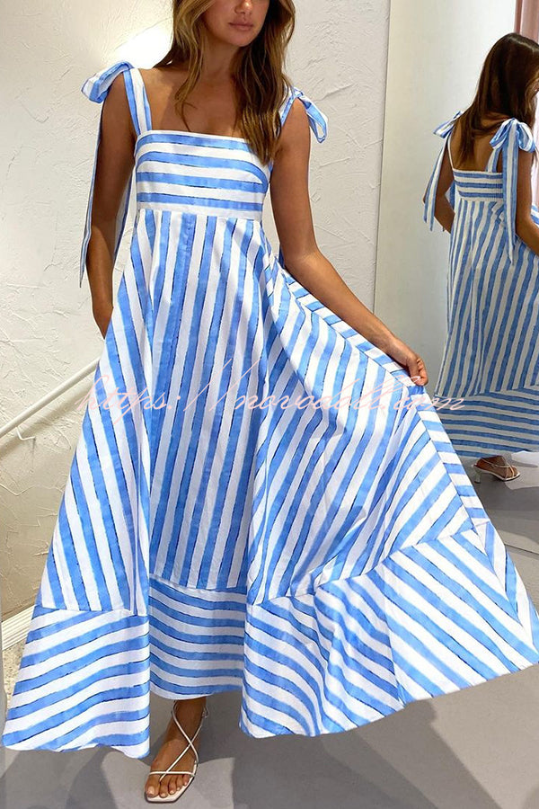 Treasured Times Stripe Print Tie-up Shoulder Pocketed A-line Maxi Dress