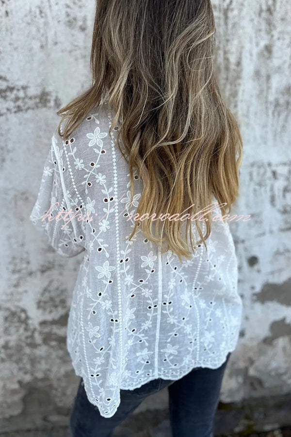 Embroidered Plant Long Sleeve Lapel Hollow Casual Shirt
