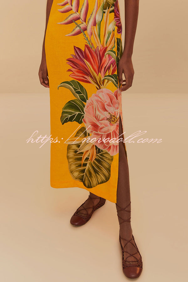 Plant Print V-neck Open Back Holiday Style Slit Midi Dress