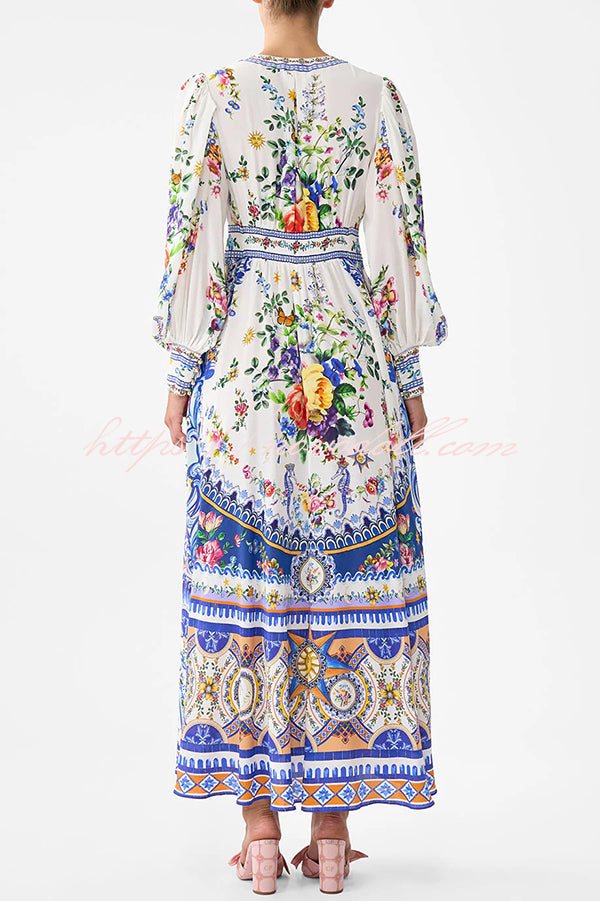 Fairy Tale Print V-Neck Lantern Sleeve Waist Maxi Dress