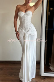 Carina Sequined and Satin Jersey Off Shoulder Ruched Knot Drape Maxi Dress
