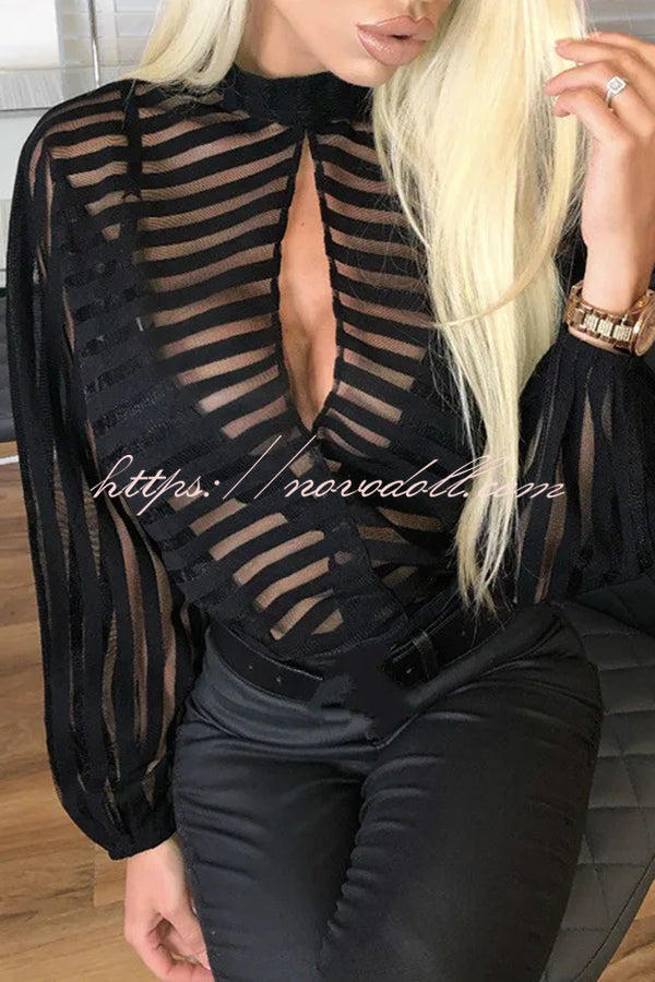 Sexy Hollow See-through Striped Stand-collar Shirt