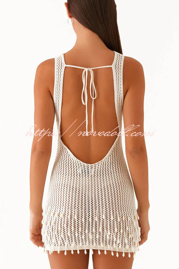 Fashion Knit Hollow Beaded Tassel Embellished Sleeveless Slim Mini Dress
