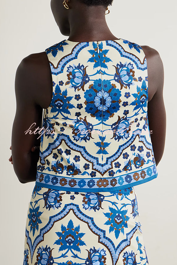 Unique Printed Round Neck Sleeveless Top and Casual Mini Skirt Set