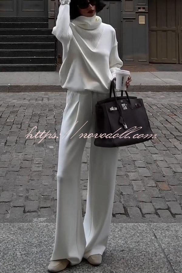 Morning Coffee Walks Ribbed Turtleneck Long Sleeve Sweatshirt and Elastic Waist Pocketed Loose Pants Set