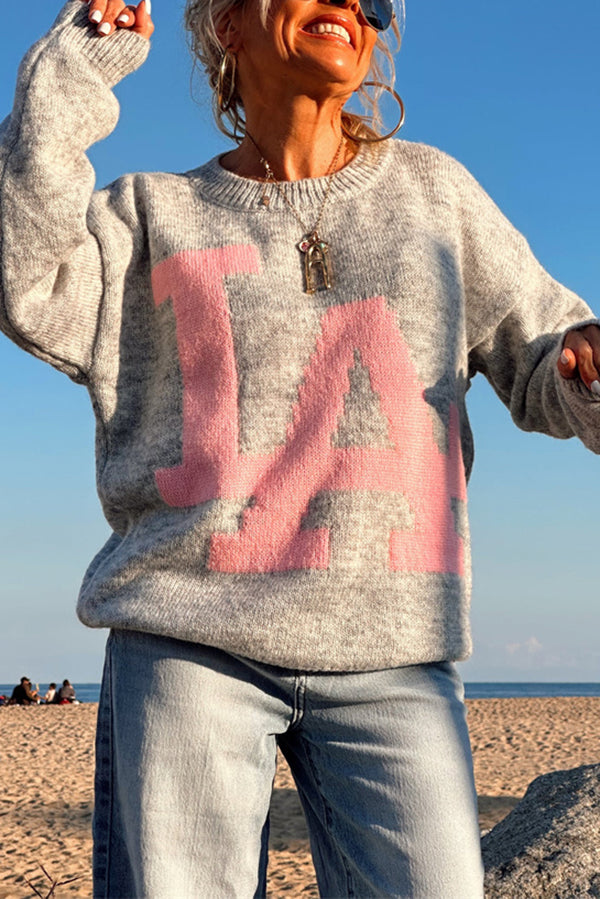 Letter Pattern Crew Neck Long Sleeve Loose Knit Sweater