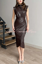 Elouise Faux Leather Turtleneck Shoulder Pads Ruched Slit Midi Dress