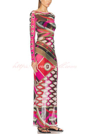 Gypsy Girl Mesh Unique Print Wide Neck Long Sleeve Stretch Maxi Dress