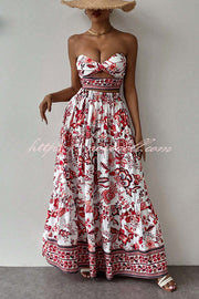 Floral Print Cutout Bandeau Top and Elastic Waist Full Maxi Skirt Set