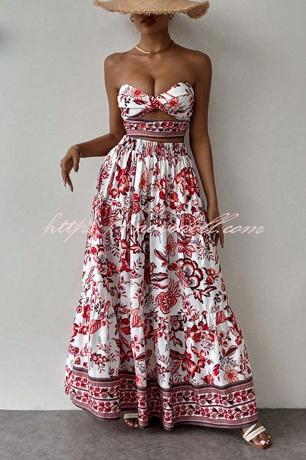 Floral Print Cutout Bandeau Top and Elastic Waist Full Maxi Skirt Set