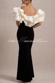 Cecily Velvet Off Shoulder Satin Structured Bardot Neck Stretch Maxi Dress