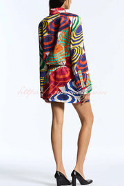 Elouise Satin Color Block Art Print Long Sleeve Button Back Elastic Waist H-line Mini Dress