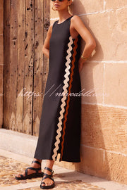 Vacation Villa Side Ric Rac Wave Trim Slit Loose Maxi Dress