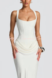 Larrah Square Neck Back Lace-up Satin Drape Hem Maxi Dress