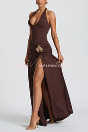 Solid Color Halter Neck Backless Slim Fit Pleated Slit Maxi Dress