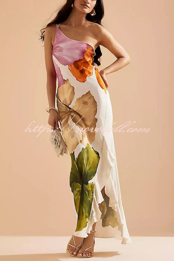 Love Filled Floral Print One Shoulder Side Ruffles Maxi Slip Dress