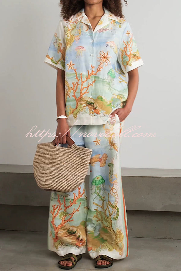 Unique Printed Lapel Short Sleeve Loose Shirt and Elastic Waist Casual Pocket Vacation Pants Set