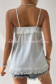 Ethnic Embroidered Adjustable Straps Fringed Top