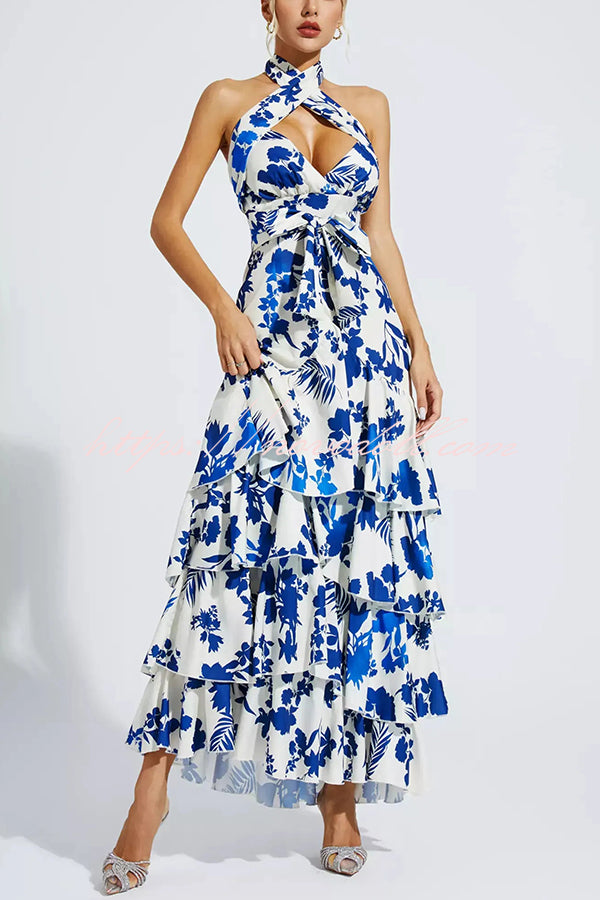 Gorgeous Styling Botanical Print Halter Neck Open Back Tiered Hem Maxi Dress