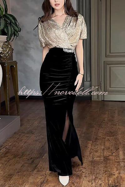 Elegant V-neck Sequined Velvet Stitching Sexy Slit Maxi Dress