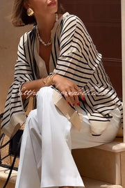 Comfortable and Effortless Striped Long Slit Sleeve Button Relaxed Loose Blouse