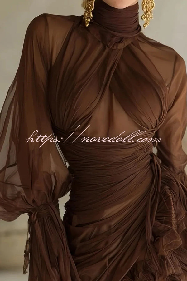 Sexy See-through Tulle High-neck Waist Pleated Ruffle Mini Dress